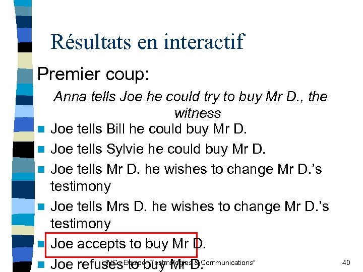 Résultats en interactif Premier coup: n n n Anna tells Joe he could try