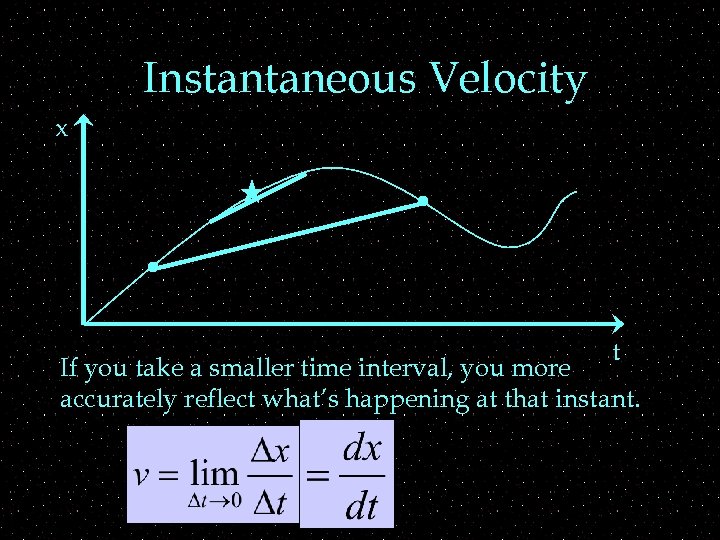 Instantaneous Velocity x t If you take a smaller time interval, you more accurately