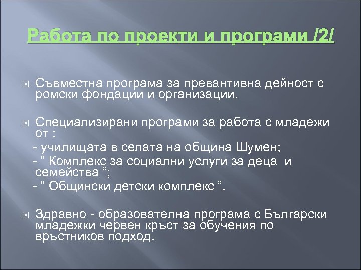 Работа по проекти и програми /2/ Съвместна програма за превантивна дейност с ромски фондации