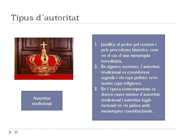 Tipus d´autoritat Autoritat tradicional 30 1. Justifica el poder pel costum i pels precedents