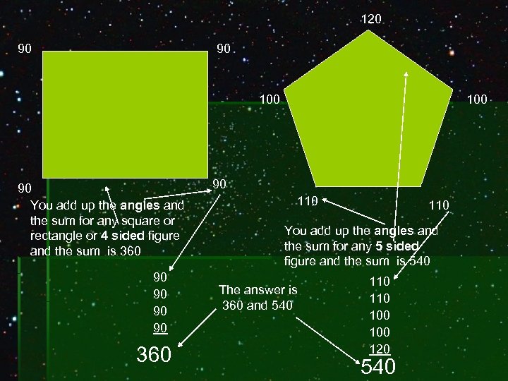 120 90 90 100 90 You add up the angles and the sum for