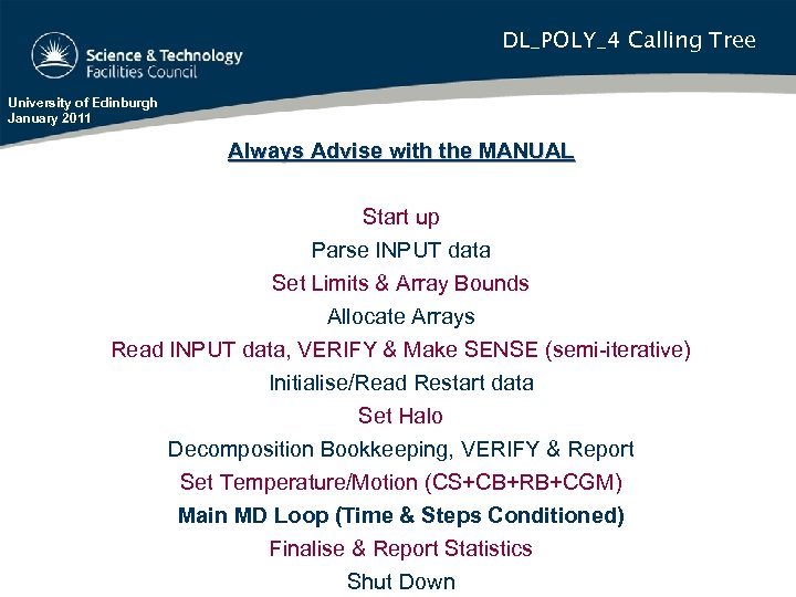 DL_POLY_4 Calling Tree University of Edinburgh January 2011 Always Advise with the MANUAL Start