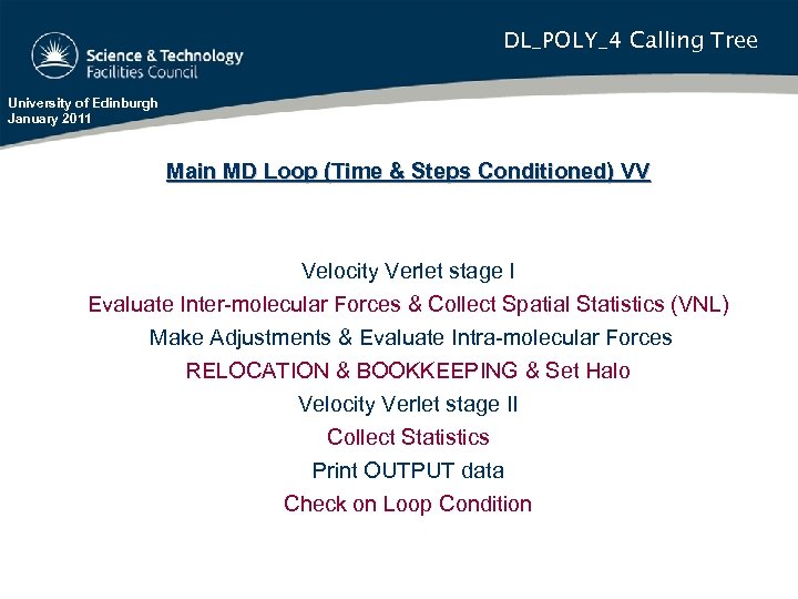 DL_POLY_4 Calling Tree University of Edinburgh January 2011 Main MD Loop (Time & Steps