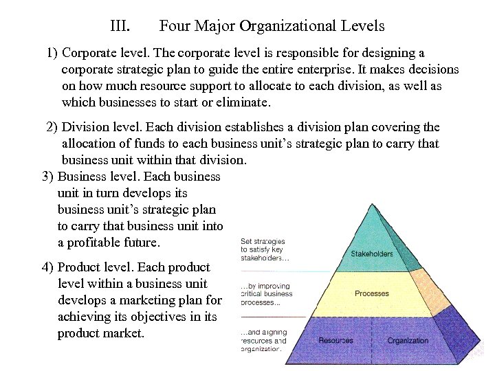 III. Four Major Organizational Levels 1) Corporate level. The corporate level is responsible for