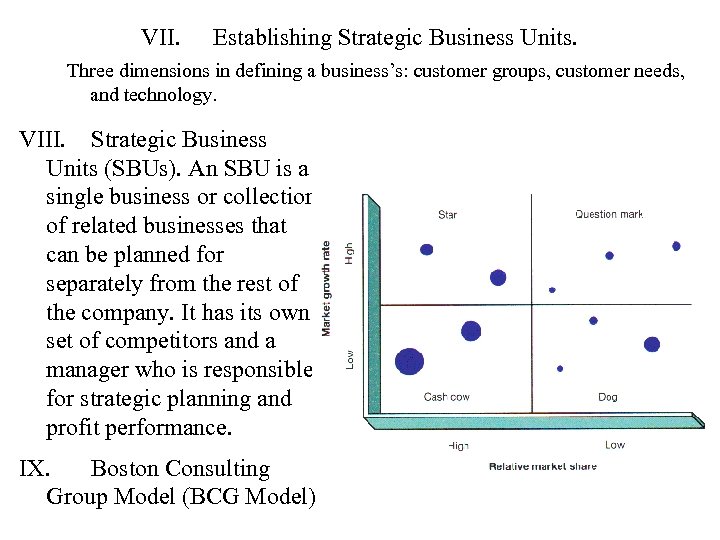 VII. Establishing Strategic Business Units. Three dimensions in defining a business’s: customer groups, customer