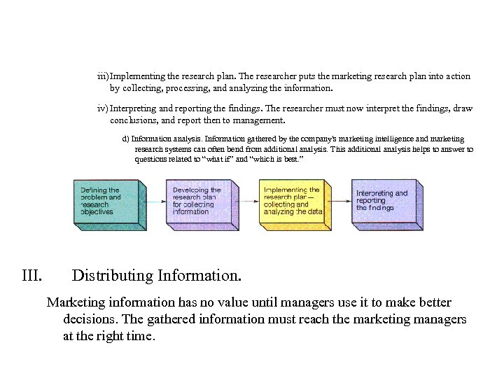 iii) Implementing the research plan. The researcher puts the marketing research plan into action