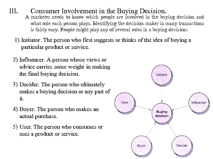 III. Consumer Involvement in the Buying Decision. A marketer needs to know which people