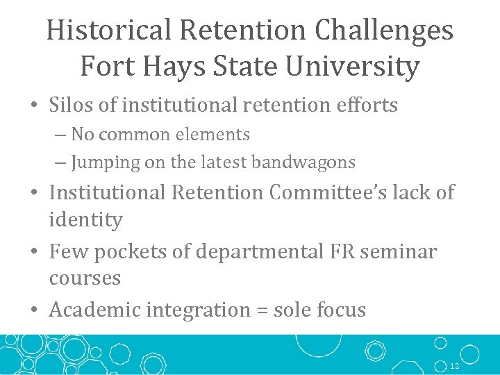 Historical Retention Challenges Fort Hays State University • Silos of institutional retention efforts –