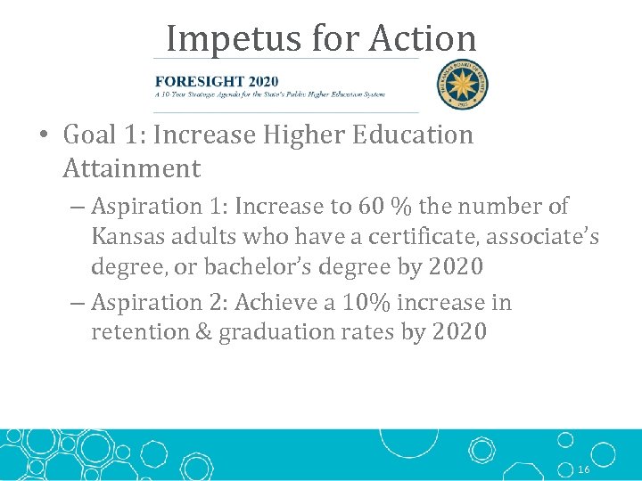 Impetus for Action • Goal 1: Increase Higher Education Attainment – Aspiration 1: Increase