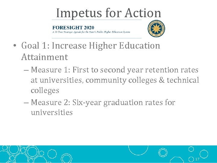 Impetus for Action • Goal 1: Increase Higher Education Attainment – Measure 1: First