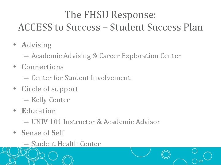The FHSU Response: ACCESS to Success – Student Success Plan • Advising – Academic