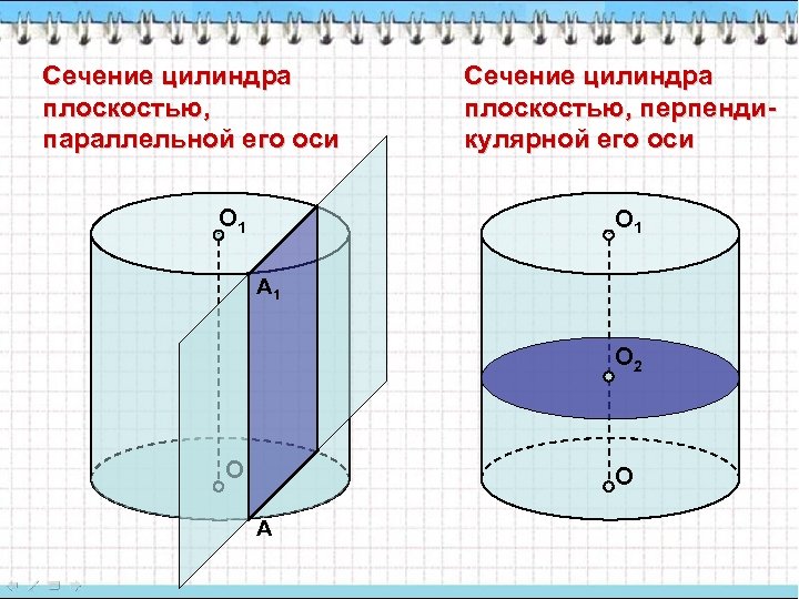 Сечение цилиндра плоскостью, параллельной его оси О 1 Сечение цилиндра плоскостью, перпендикулярной его оси