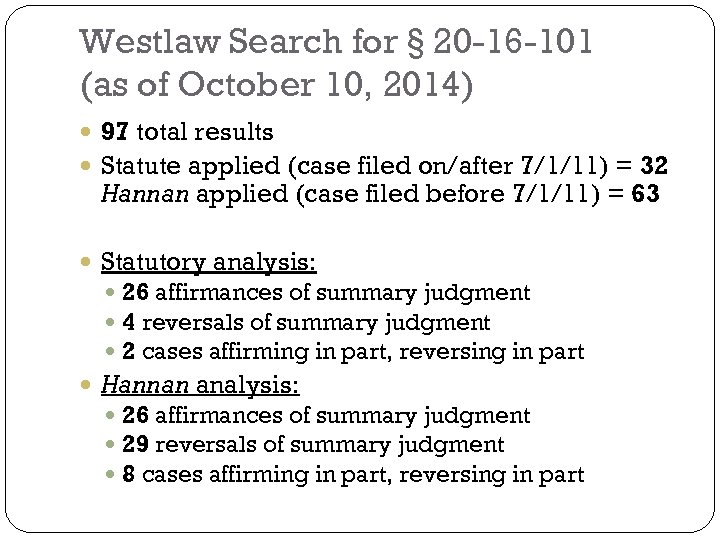Westlaw Search for § 20 -16 -101 (as of October 10, 2014) 97 total
