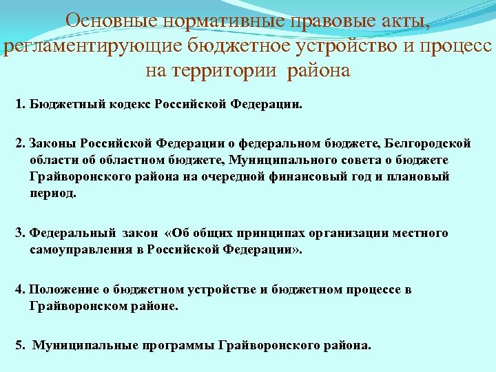 Основные нормативные правовые акты, регламентирующие бюджетное устройство и процесс на территории района 1. Бюджетный