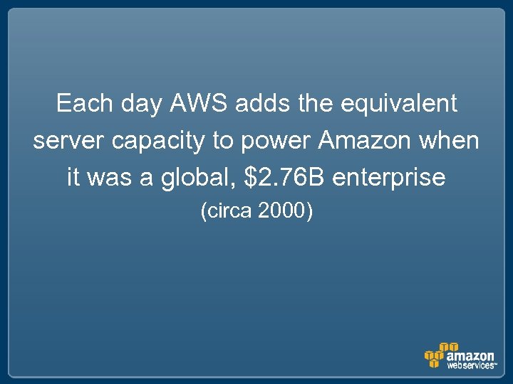 Each day AWS adds the equivalent server capacity to power Amazon when it was
