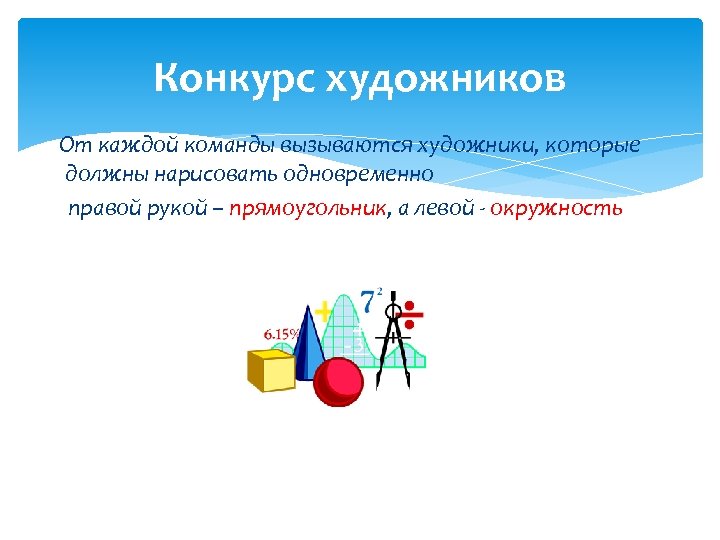 Конкурс художников От каждой команды вызываются художники, которые должны нарисовать одновременно правой рукой –