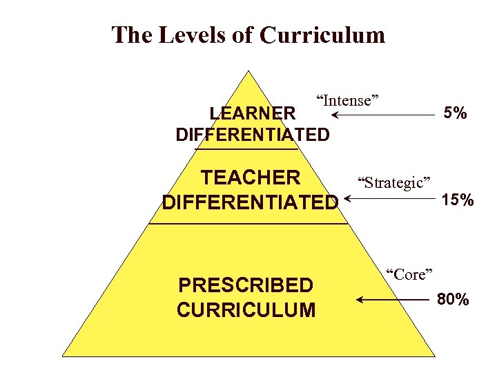 The Levels of Curriculum “Intense” 5% LEARNER DIFFERENTIATED TEACHER DIFFERENTIATED PRESCRIBED CURRICULUM “Strategic” 15%