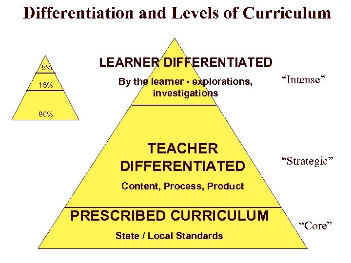 Differentiation and Levels of Curriculum 5% 15% LEARNER DIFFERENTIATED By the learner - explorations,