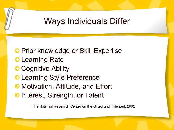 Ways Individuals Differ Prior knowledge or Skill Expertise Learning Rate Cognitive Ability Learning Style