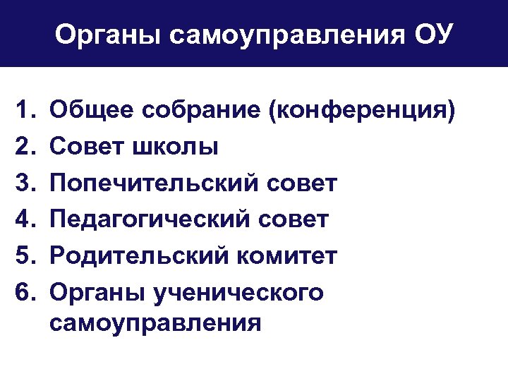 Органы самоуправления ОУ 1. 2. 3. 4. 5. 6. Общее собрание (конференция) Совет школы