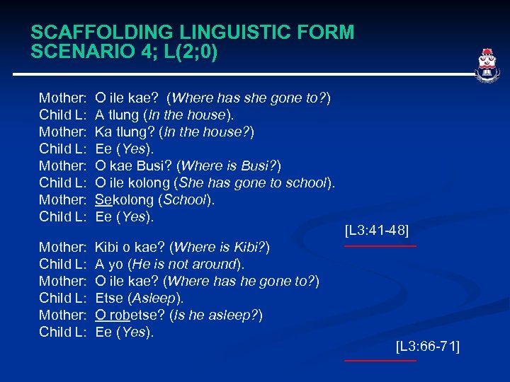 SCAFFOLDING LINGUISTIC FORM SCENARIO 4; L(2; 0) Mother: Child L: O ile kae? (Where