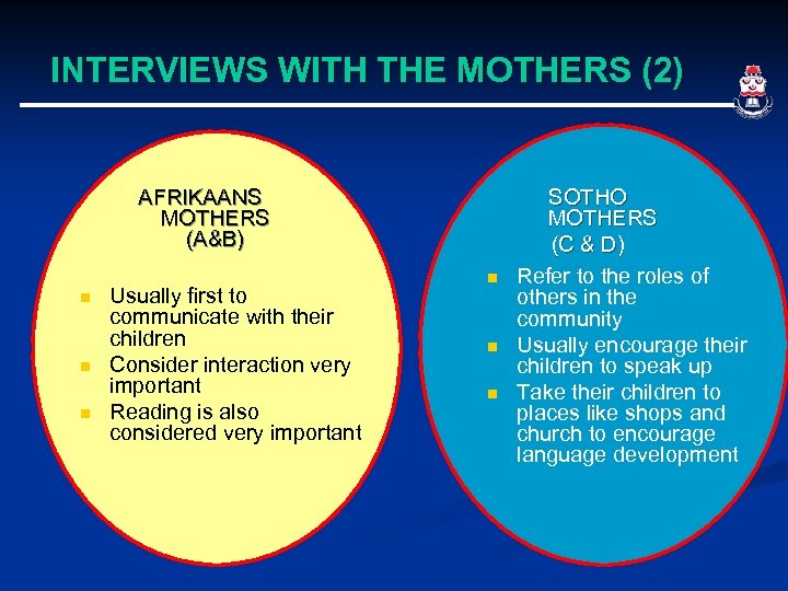 INTERVIEWS WITH THE MOTHERS (2) AFRIKAANS MOTHERS (A&B) n n n Usually first to