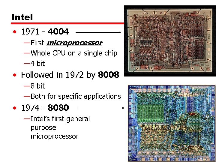 Intel • 1971 - 4004 —First microprocessor —Whole CPU on a single chip —