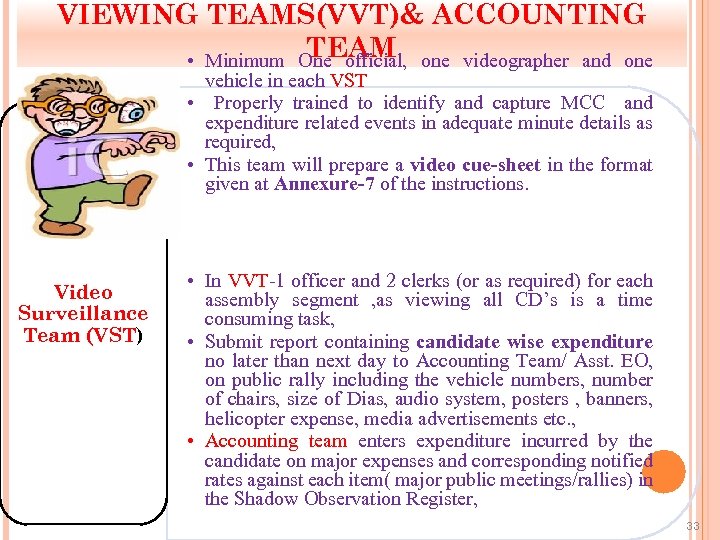 VIEWING TEAMS(VVT)& ACCOUNTING TEAM • Minimum One official, one videographer and one vehicle in