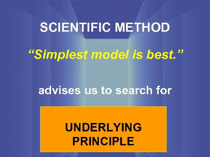 SCIENTIFIC METHOD “Simplest model is best. ” advises us to search for UNDERLYING PRINCIPLE