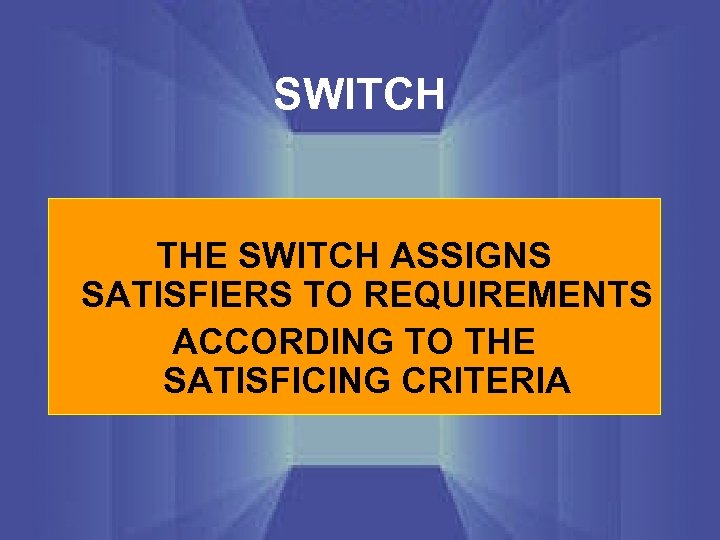 SWITCH THE SWITCH ASSIGNS SATISFIERS TO REQUIREMENTS ACCORDING TO THE SATISFICING CRITERIA 