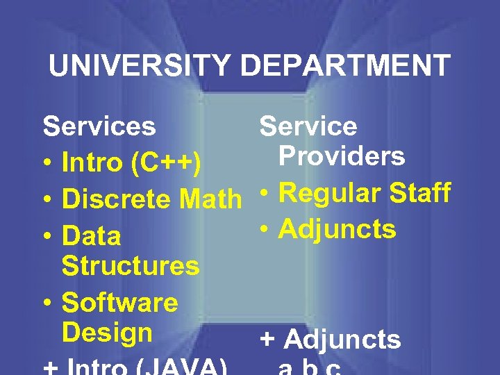 UNIVERSITY DEPARTMENT Services • Intro (C++) • Discrete Math • Data Structures • Software