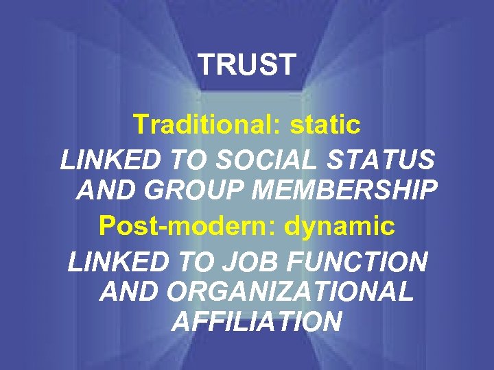 TRUST Traditional: static LINKED TO SOCIAL STATUS AND GROUP MEMBERSHIP Post-modern: dynamic LINKED TO