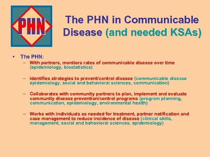 The PHN in Communicable Disease (and needed KSAs) • The PHN: – With partners,