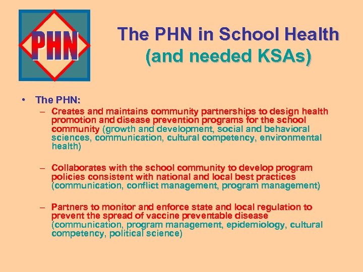 The PHN in School Health (and needed KSAs) • The PHN: – Creates and