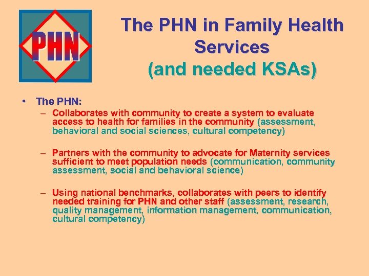 The PHN in Family Health Services (and needed KSAs) • The PHN: – Collaborates