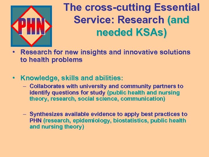 The cross-cutting Essential Service: Research (and needed KSAs) • Research for new insights and