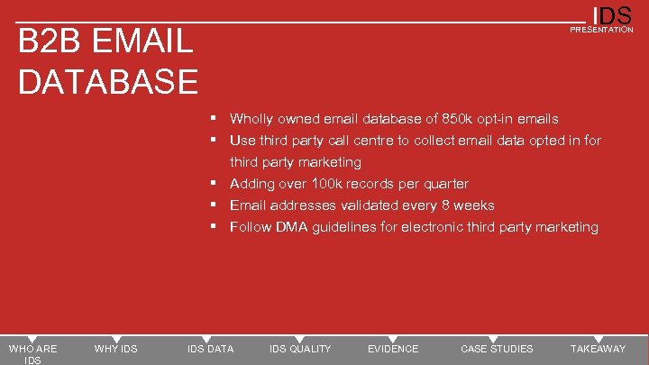 IDS B 2 B EMAIL DATABASE PRESENTATION § Wholly owned email database of 850
