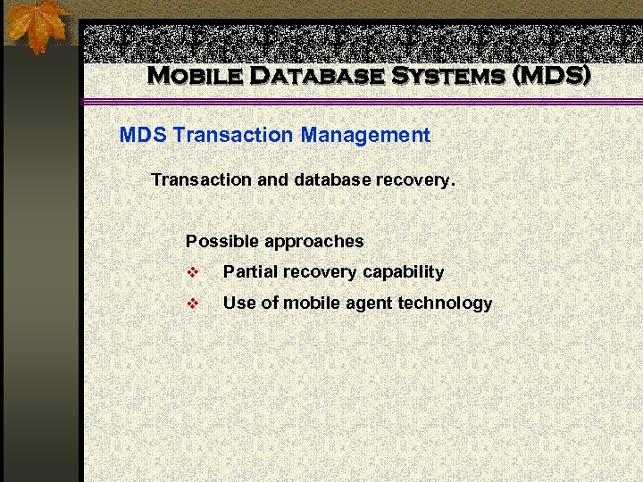 Mobile Database Systems (MDS) MDS Transaction Management Transaction and database recovery. Possible approaches v