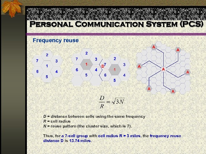 Personal Communication System (PCS) Frequency reuse D = distance between cells using the same