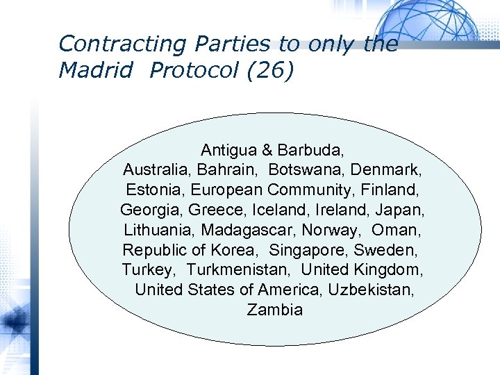 Contracting Parties to only the Madrid Protocol (26) Antigua & Barbuda, Australia, Bahrain, Botswana,