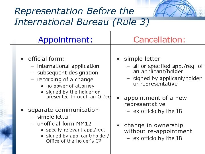 Representation Before the International Bureau (Rule 3) Appointment: • official form: – international application