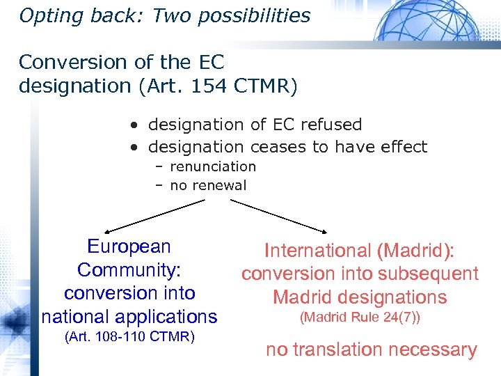 Opting back: Two possibilities Conversion of the EC designation (Art. 154 CTMR) • designation