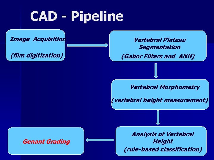 CAD - Pipeline Image Acquisition (film digitization) Vertebral Plateau Segmentation (Gabor Filters and ANN)