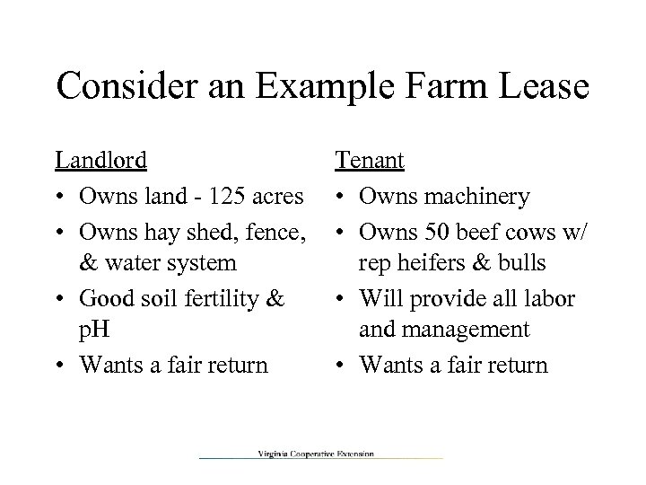 Consider an Example Farm Lease Landlord • Owns land - 125 acres • Owns