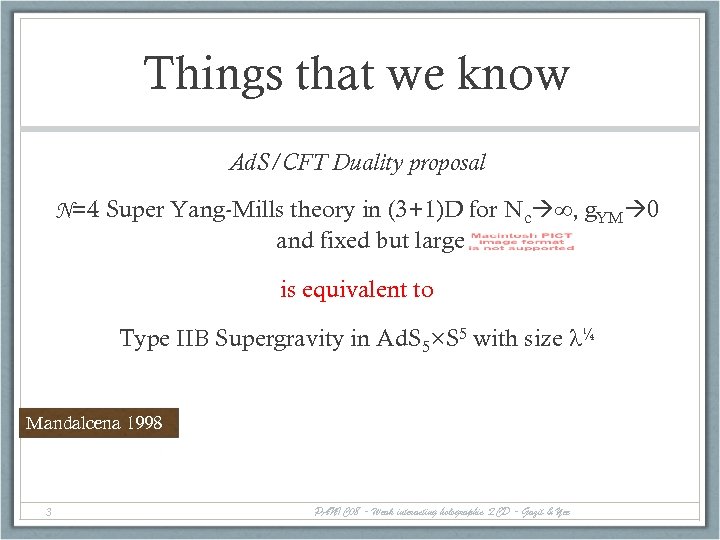 Things that we know Ad. S/CFT Duality proposal N=4 Super Yang-Mills theory in (3+1)D