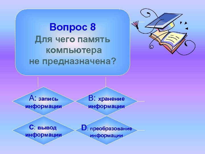 Вопрос 8 Для чего память компьютера не предназначена? А: запись B: хранение информации C: