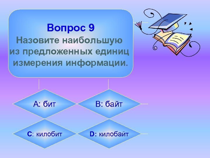 Вопрос 9 Назовите наибольшую из предложенных единиц измерения информации. А: бит B: байт C: