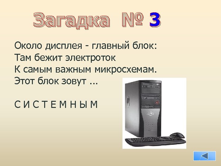 Загадка № 3 Около дисплея - главный блок: Там бежит электроток К самым важным