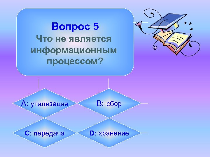 Вопрос 5 Что не является информационным процессом? А: утилизация B: сбор C: передача D: