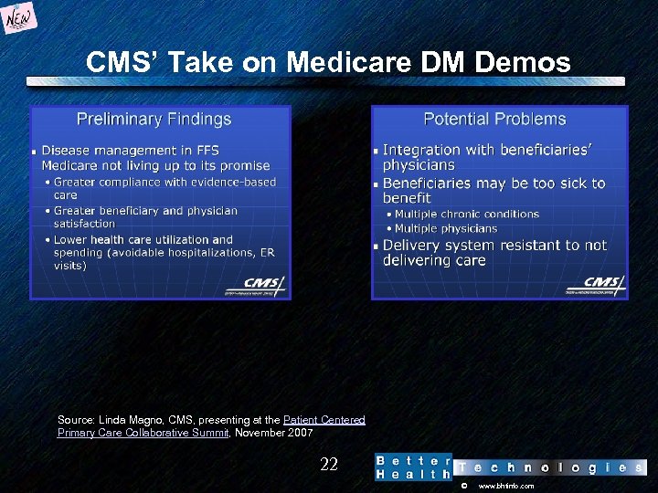 CMS’ Take on Medicare DM Demos Source: Linda Magno, CMS, presenting at the Patient